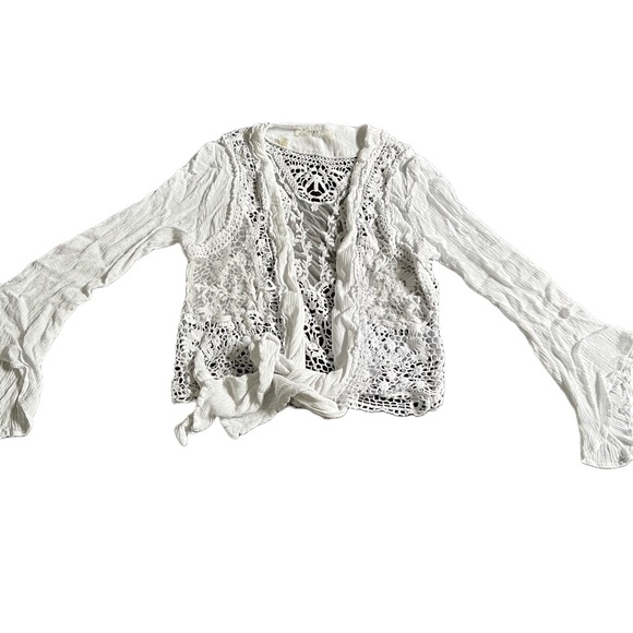 GUESS WHITE LONG SLEEVE LIGHTWEIGHT CARDIGAN WITH OPEN LACE/MESH BACK SIZE XS - Picture 1 of 9